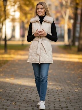 Anne Klein Cream Quilted Puffer Vest Faux Fur Collar Belted Zip Front Size XXS